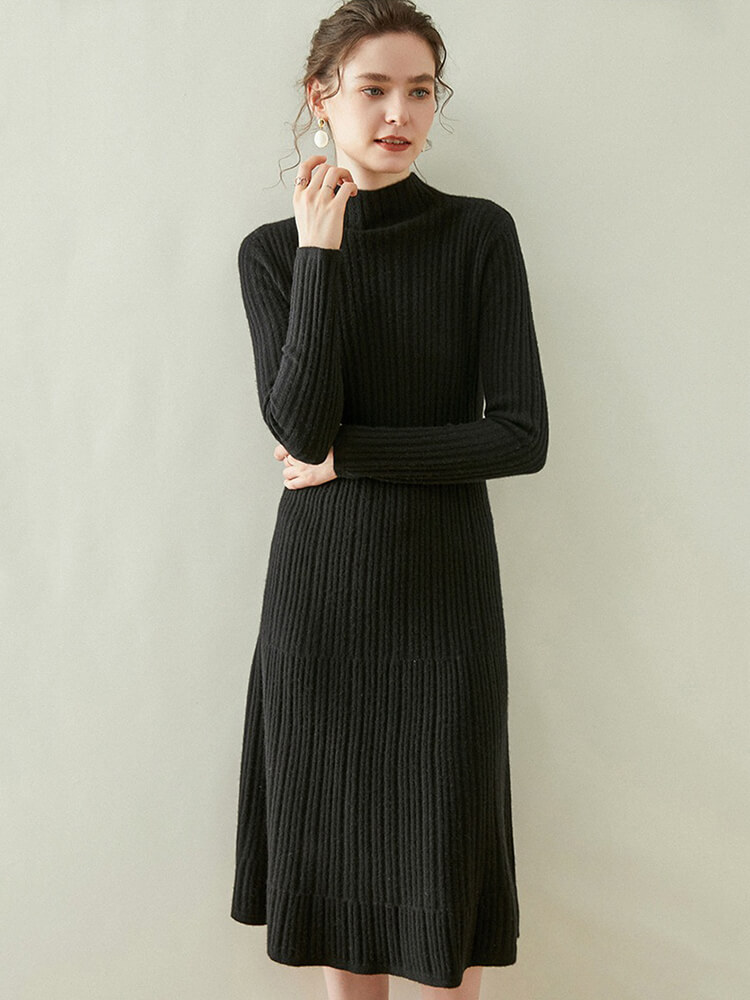 Long Sleeve Ribbed Cashmere Mock Neck Midi Dress