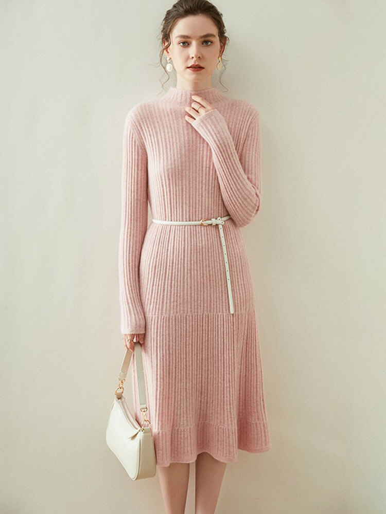 Long Sleeve Ribbed Cashmere Mock Neck Midi Dress