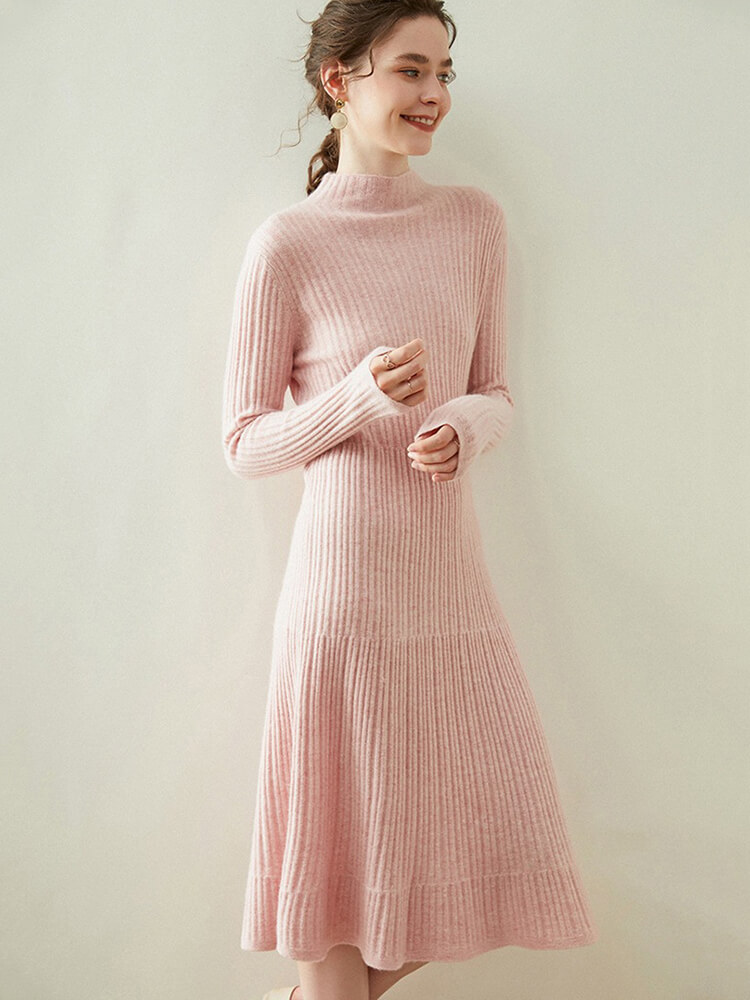 Long Sleeve Ribbed Cashmere Mock Neck Midi Dress