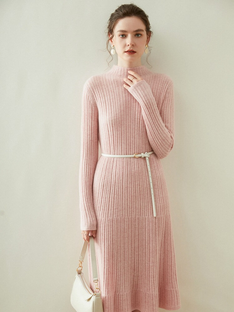 Long Sleeve Ribbed Cashmere Mock Neck Midi Dress