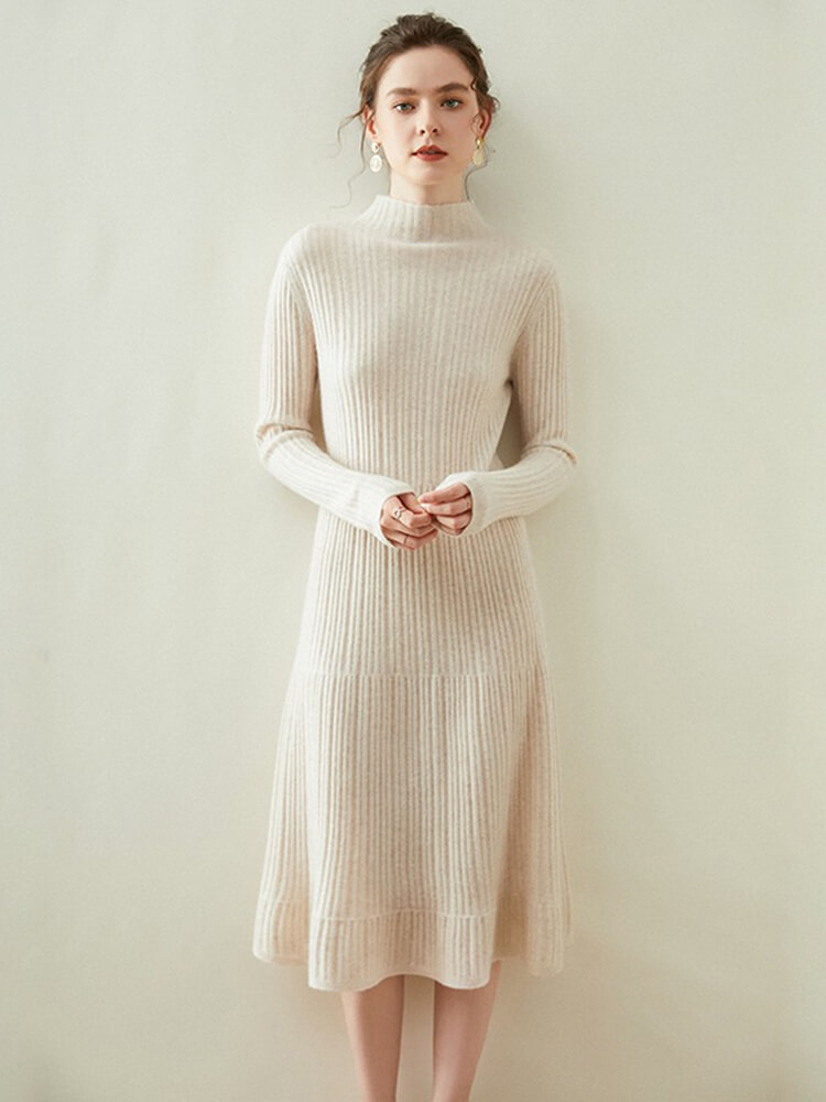 Long Sleeve Ribbed Cashmere Mock Neck Midi Dress
