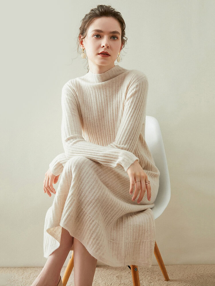 Long Sleeve Ribbed Cashmere Mock Neck Midi Dress