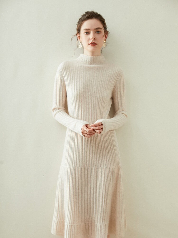 Long Sleeve Ribbed Cashmere Mock Neck Midi Dress