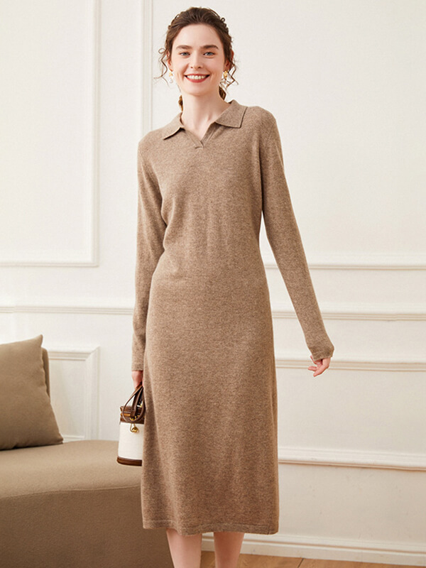 Women Laid-back Cashmere Polo Sweater Dress