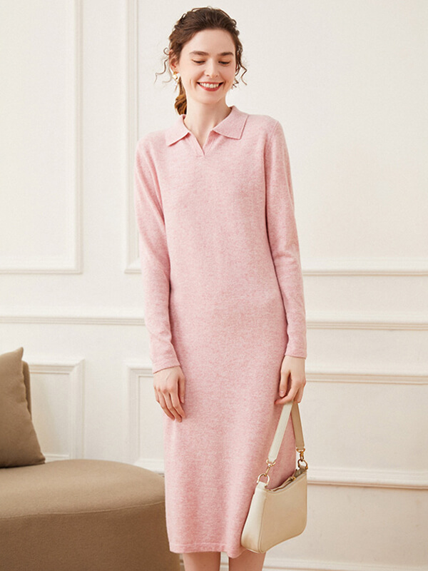Women Laid-back Cashmere Polo Sweater Dress