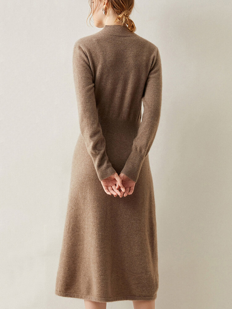 Long Sleeve Mock Neck Cashmere Wool Blend Midi Dress