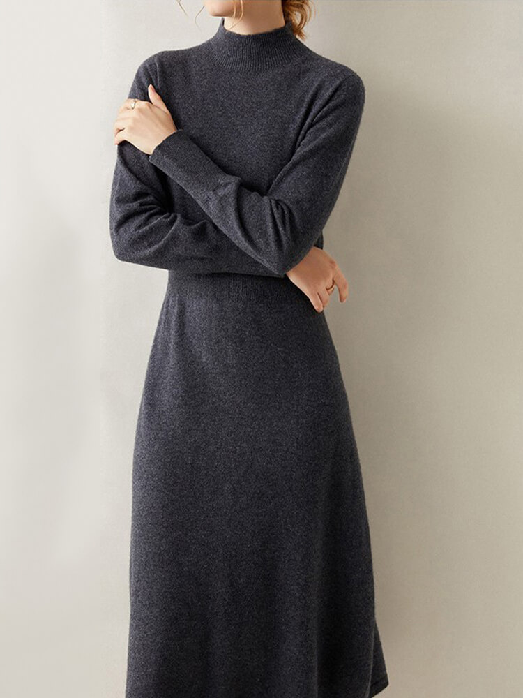 Long Sleeve Mock Neck Cashmere Wool Blend Midi Dress