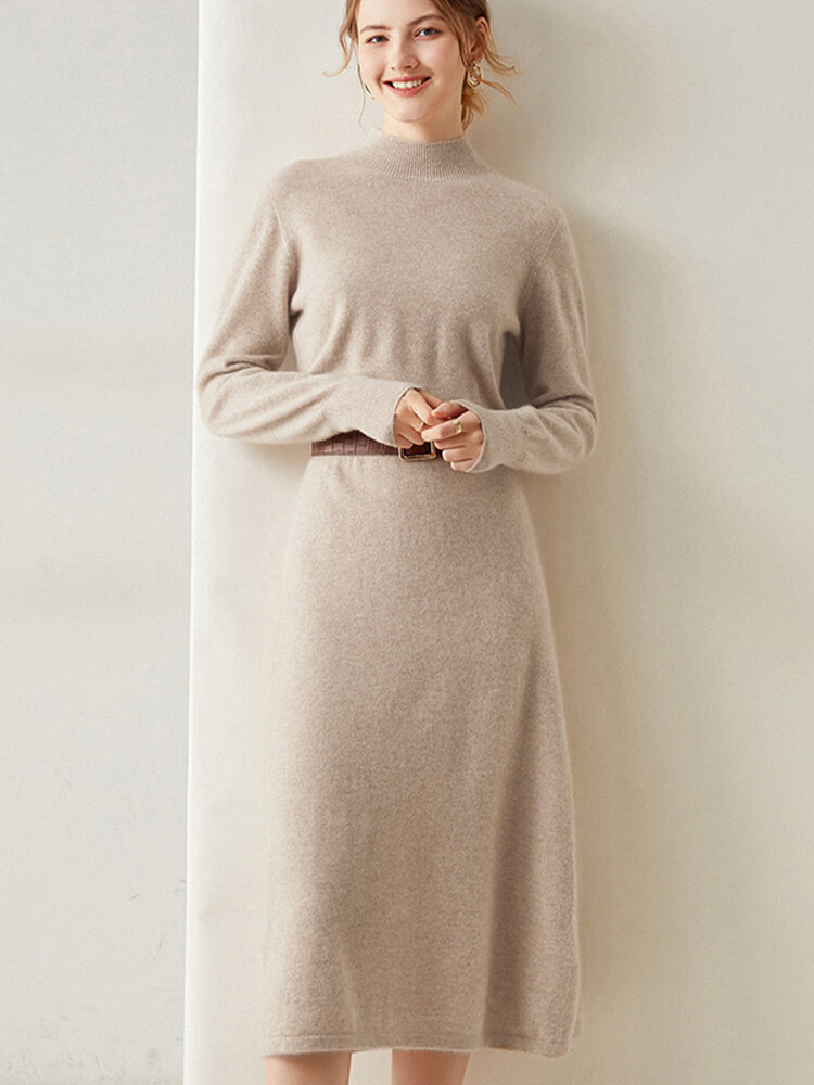 Long Sleeve Mock Neck Cashmere Wool Blend Midi Dress
