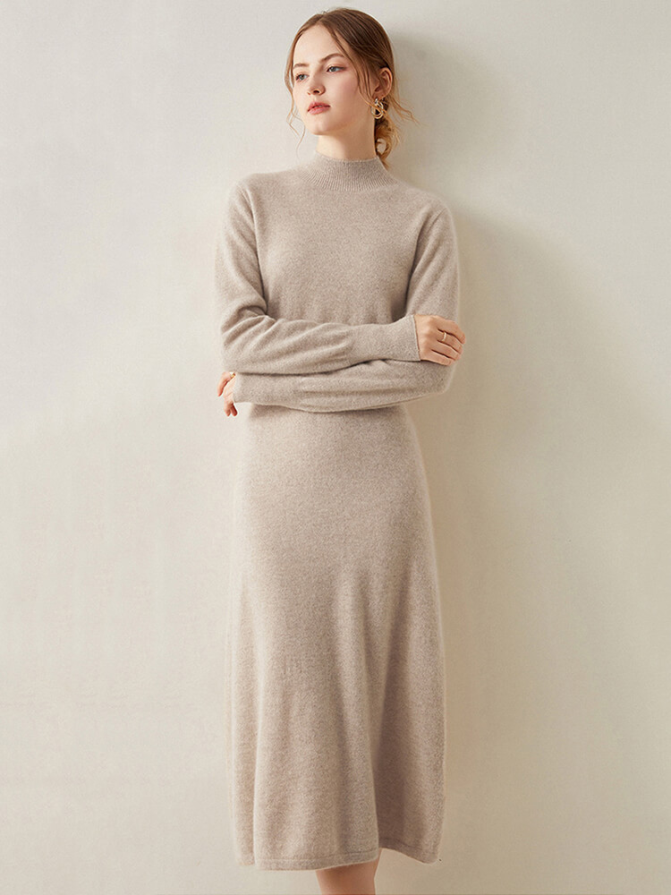 Long Sleeve Mock Neck Cashmere Wool Blend Midi Dress