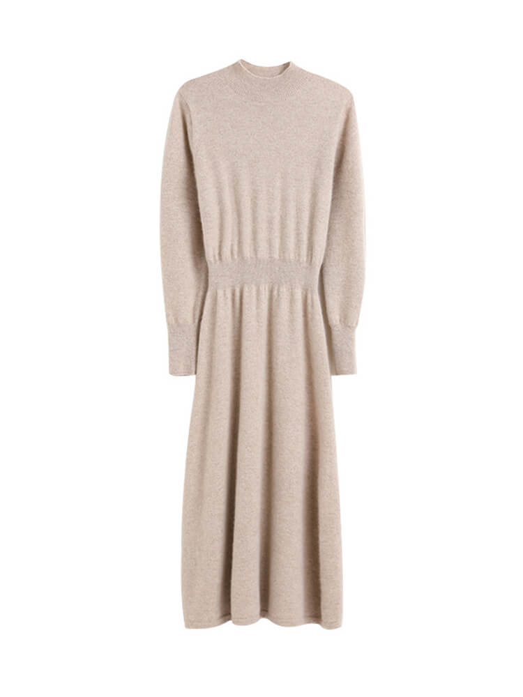 Long Sleeve Mock Neck Cashmere Wool Blend Midi Dress