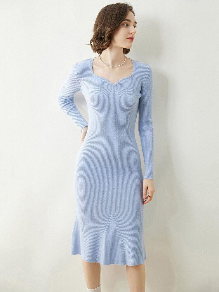 Sweetheart Neck Ribbed Midi Cashmere Bodycon Dress