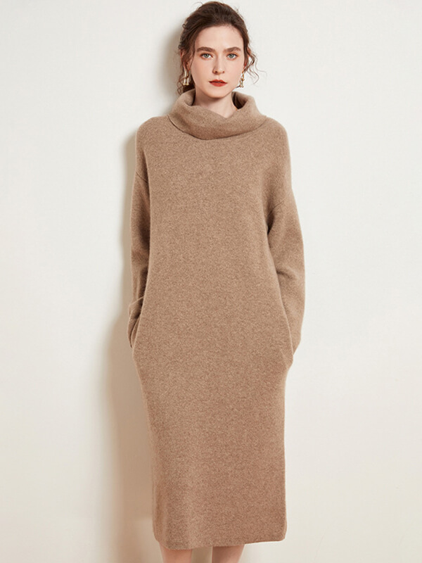 Women's Loose-Fitting Cashmere Turtleneck Maxi Dress