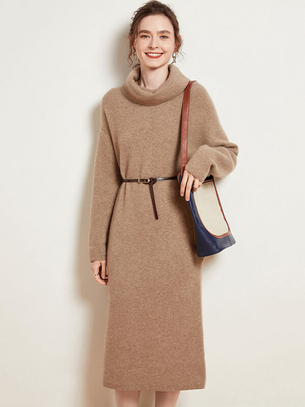 Women's Loose-Fitting Cashmere Turtleneck Maxi Dress