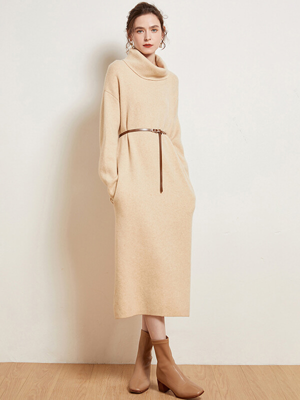 Women's Loose-Fitting Cashmere Turtleneck Maxi Dress