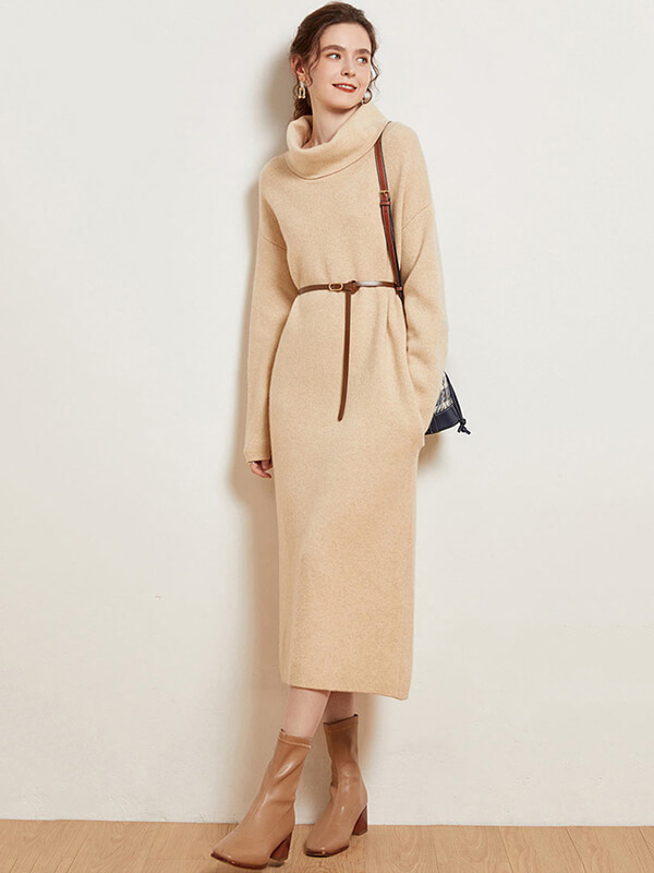 Women's Loose-Fitting Cashmere Turtleneck Maxi Dress