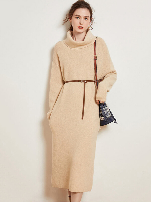 Women's Loose-Fitting Cashmere Turtleneck Maxi Dress