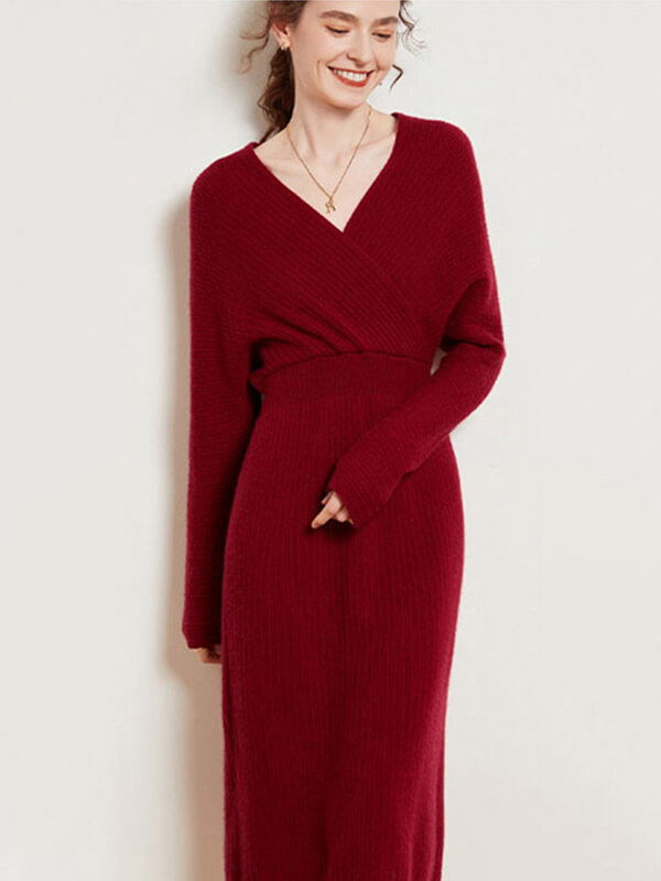 Sexy Ribbed V-Neck Cashhmere Wrap Dress for Women