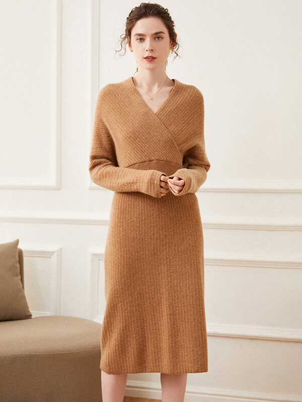Sexy Ribbed V-Neck Cashhmere Wrap Dress for Women