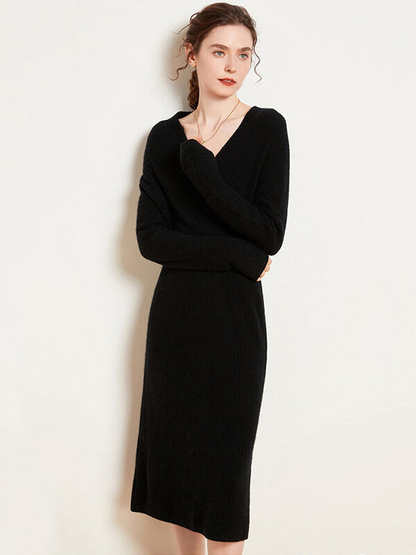 Sexy Ribbed V-Neck Cashhmere Wrap Dress for Women