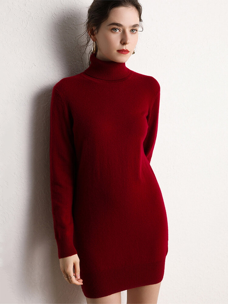 Classic Long Sleeve Cashmere Turtleneck Sweater Dress