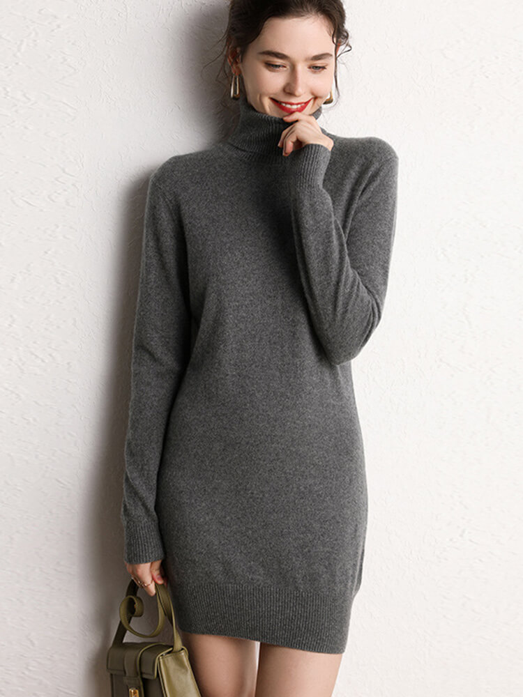 Classic Long Sleeve Cashmere Turtleneck Sweater Dress