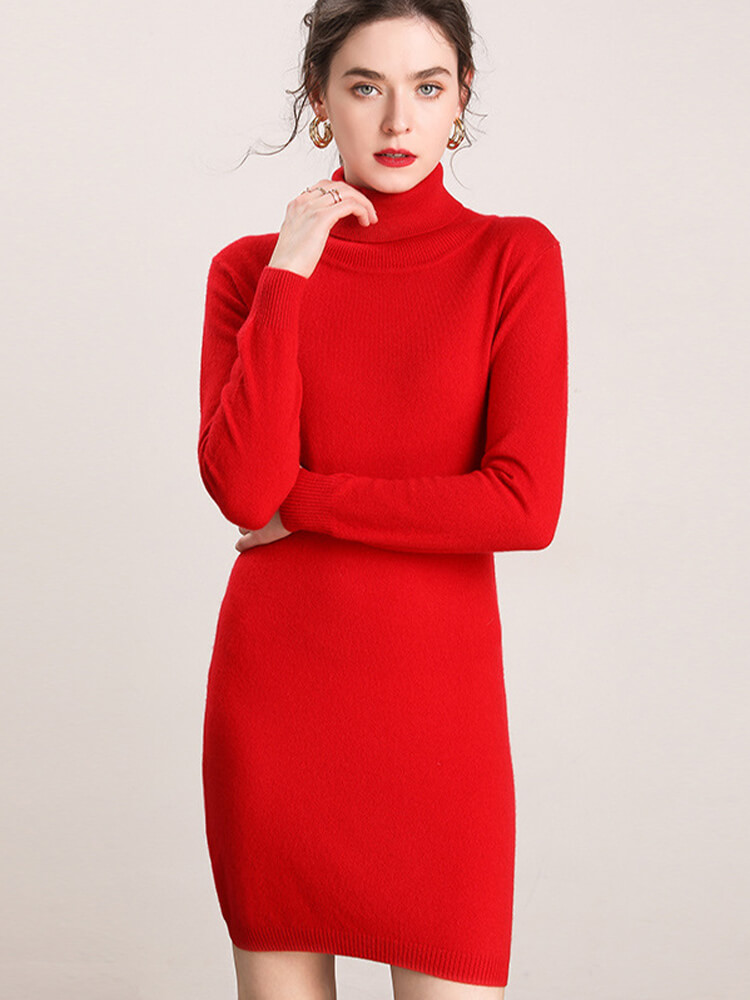 Classic Long Sleeve Cashmere Turtleneck Sweater Dress