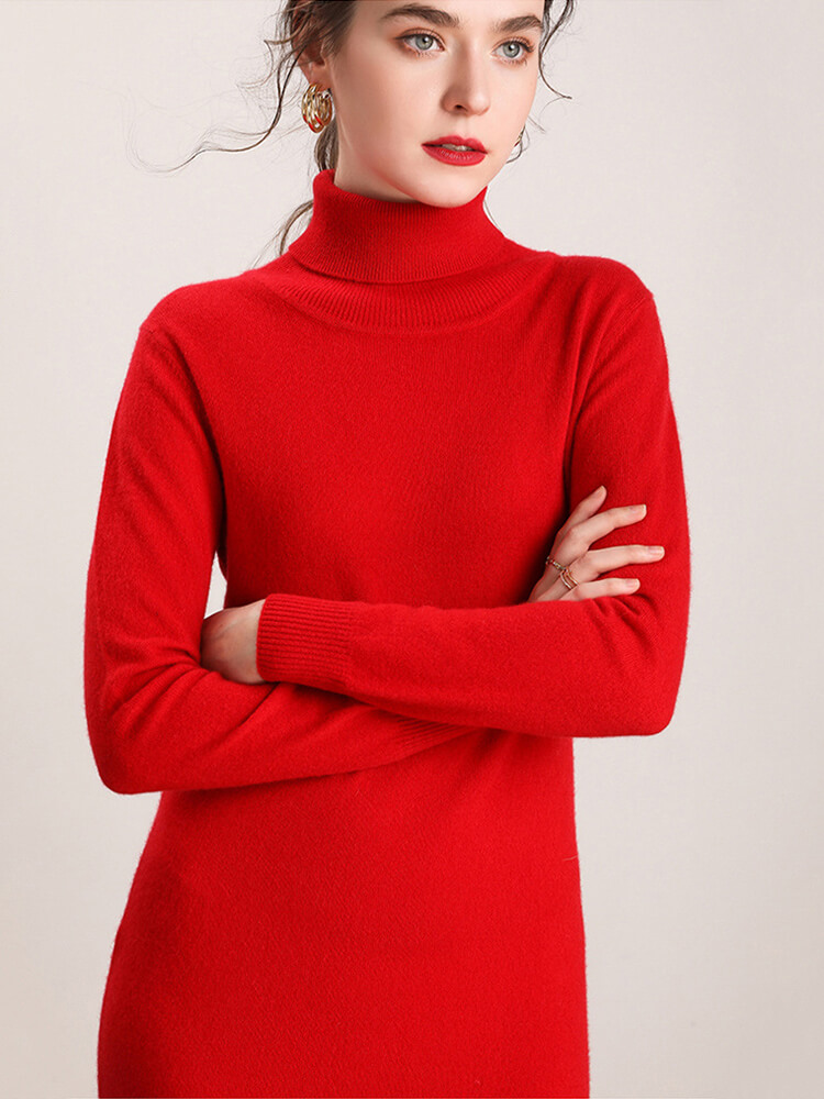 Classic Long Sleeve Cashmere Turtleneck Sweater Dress