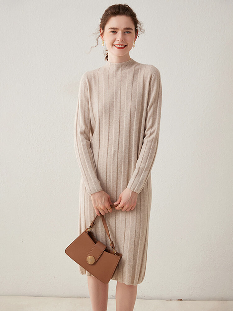 Relaxed Style Long Sleeve Cashmere Mock Neck Midi Dress