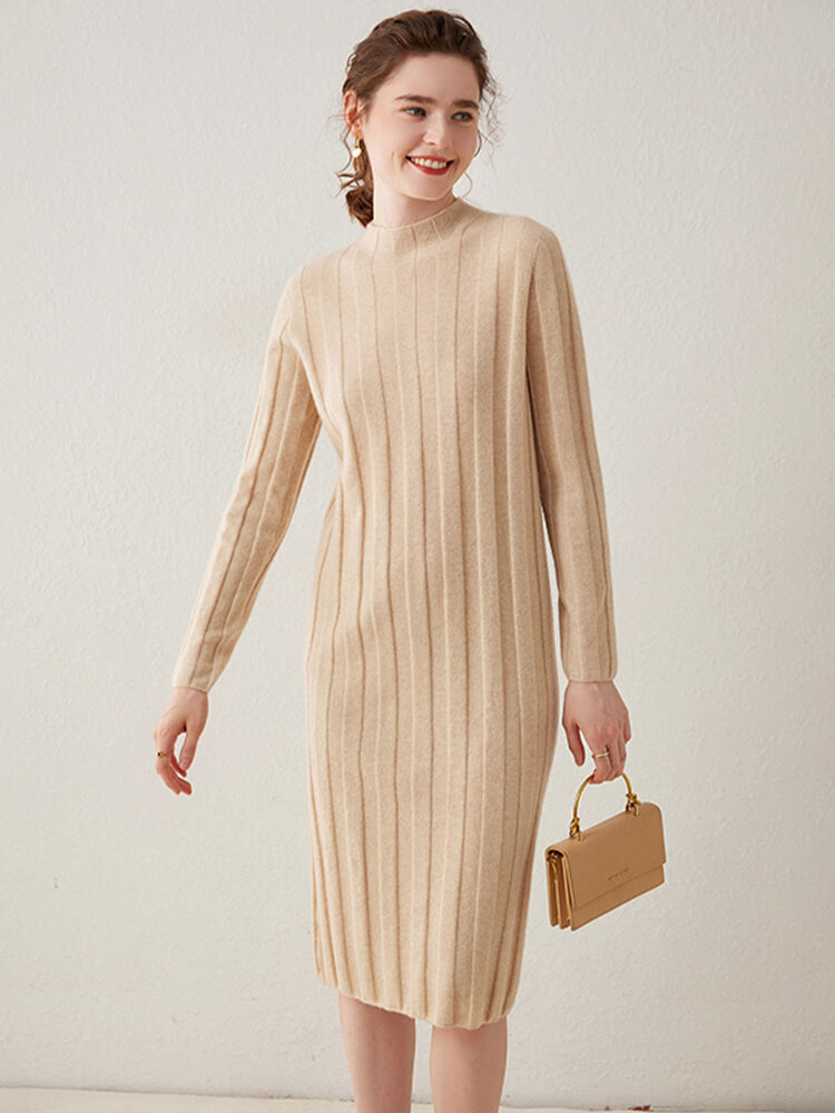 Relaxed Style Long Sleeve Cashmere Mock Neck Midi Dress