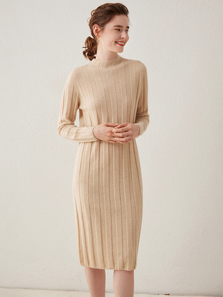 Relaxed Style Long Sleeve Cashmere Mock Neck Midi Dress