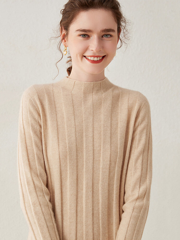 Relaxed Style Long Sleeve Cashmere Mock Neck Midi Dress