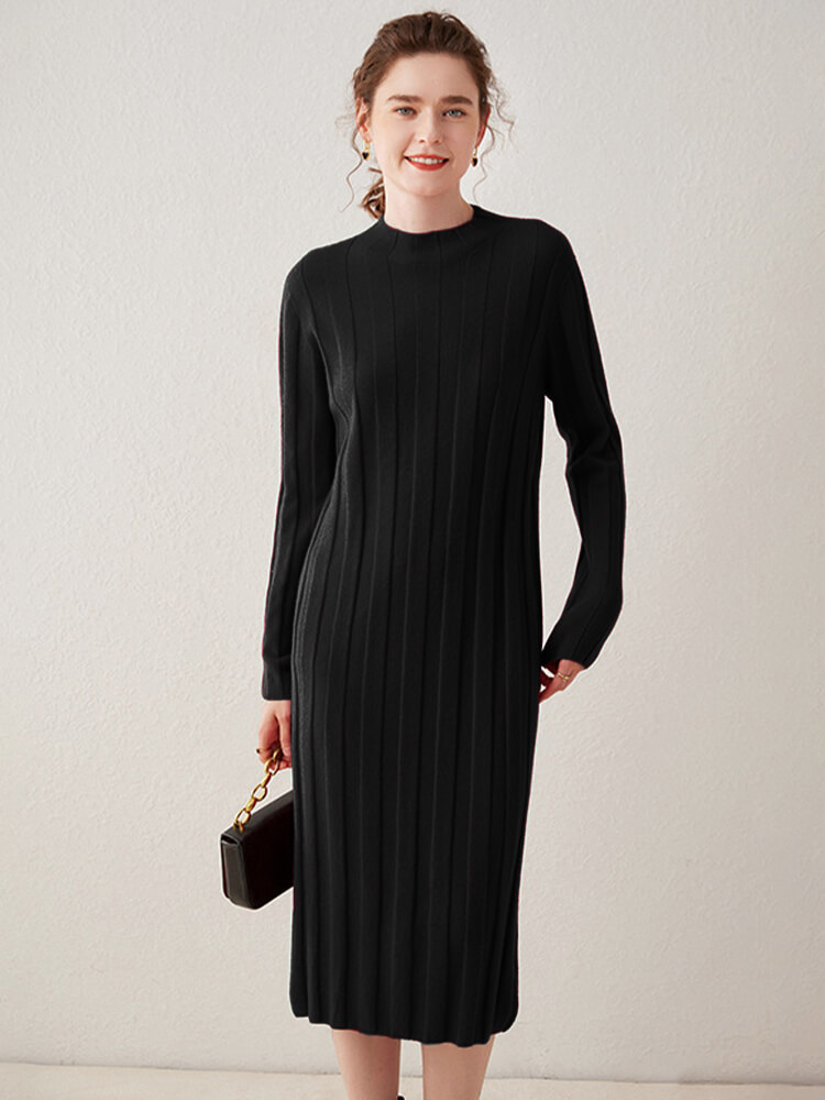 Relaxed Style Long Sleeve Cashmere Mock Neck Midi Dress