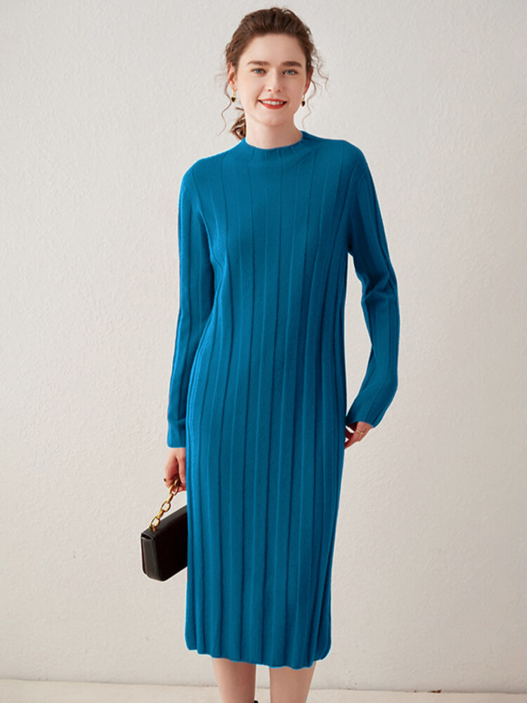 Relaxed Style Long Sleeve Cashmere Mock Neck Midi Dress