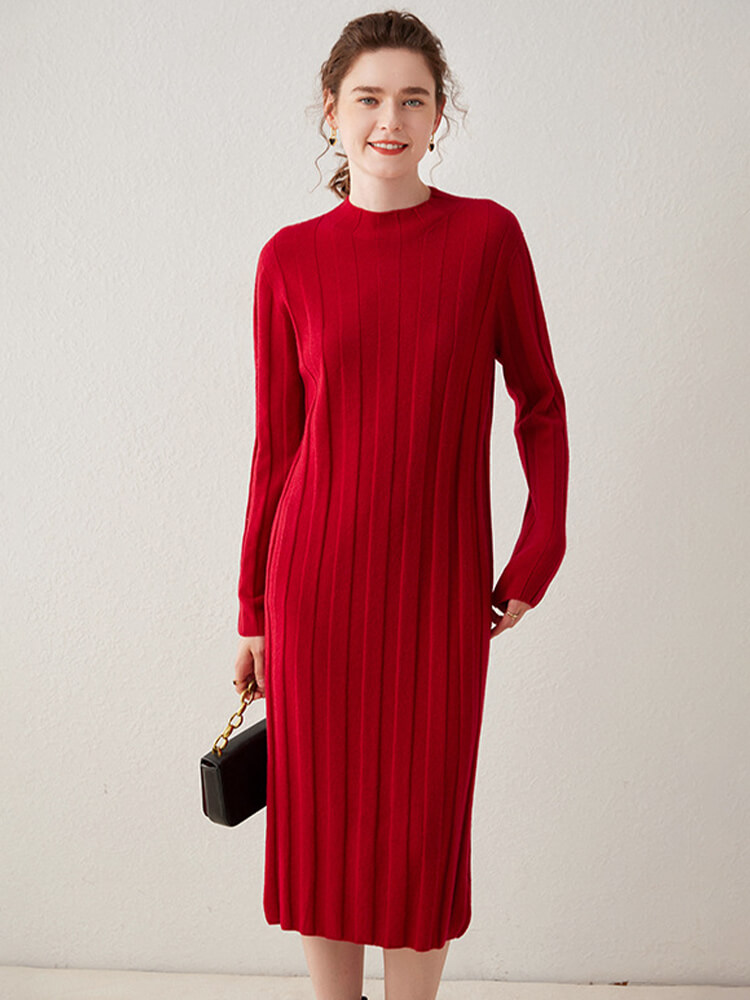 Relaxed Style Long Sleeve Cashmere Mock Neck Midi Dress