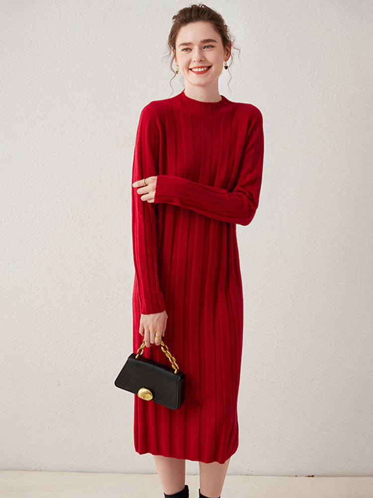 Relaxed Style Long Sleeve Cashmere Mock Neck Midi Dress