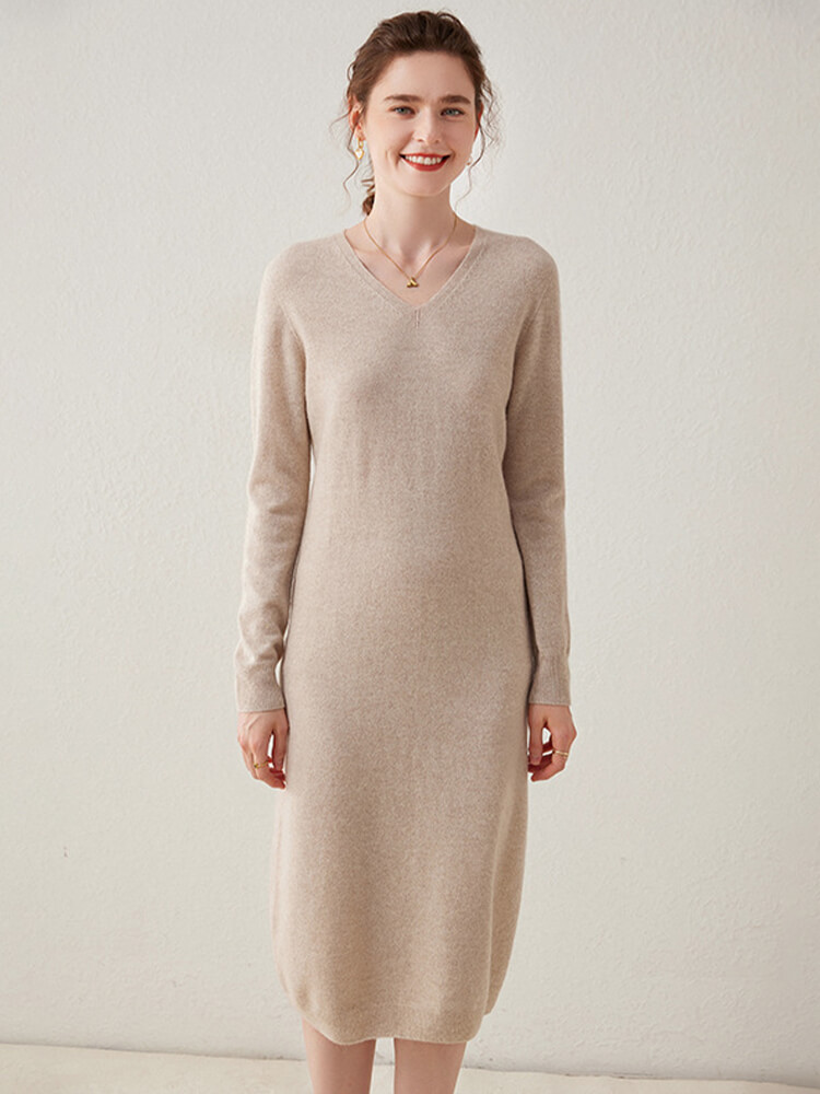 Long Sleeve Casual Cashmere V-Neck Sweater Dress
