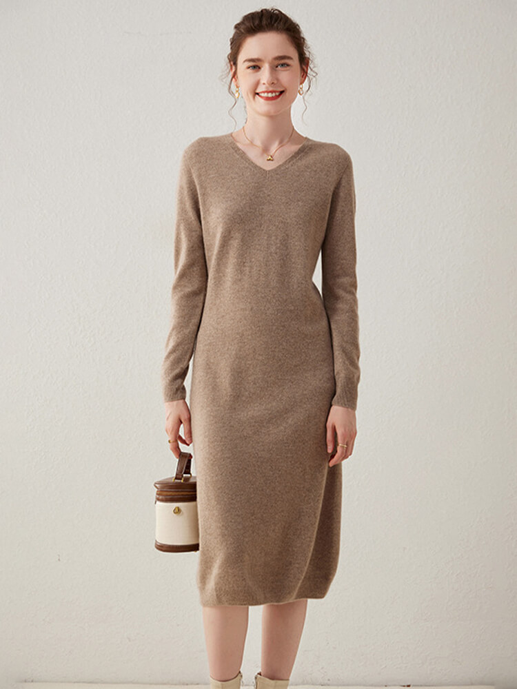 Long Sleeve Casual Cashmere V-Neck Sweater Dress