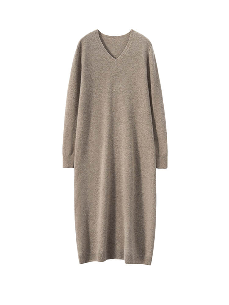 Long Sleeve Casual Cashmere V-Neck Sweater Dress