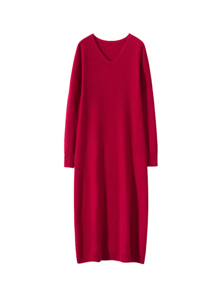 Long Sleeve Casual Cashmere V-Neck Sweater Dress