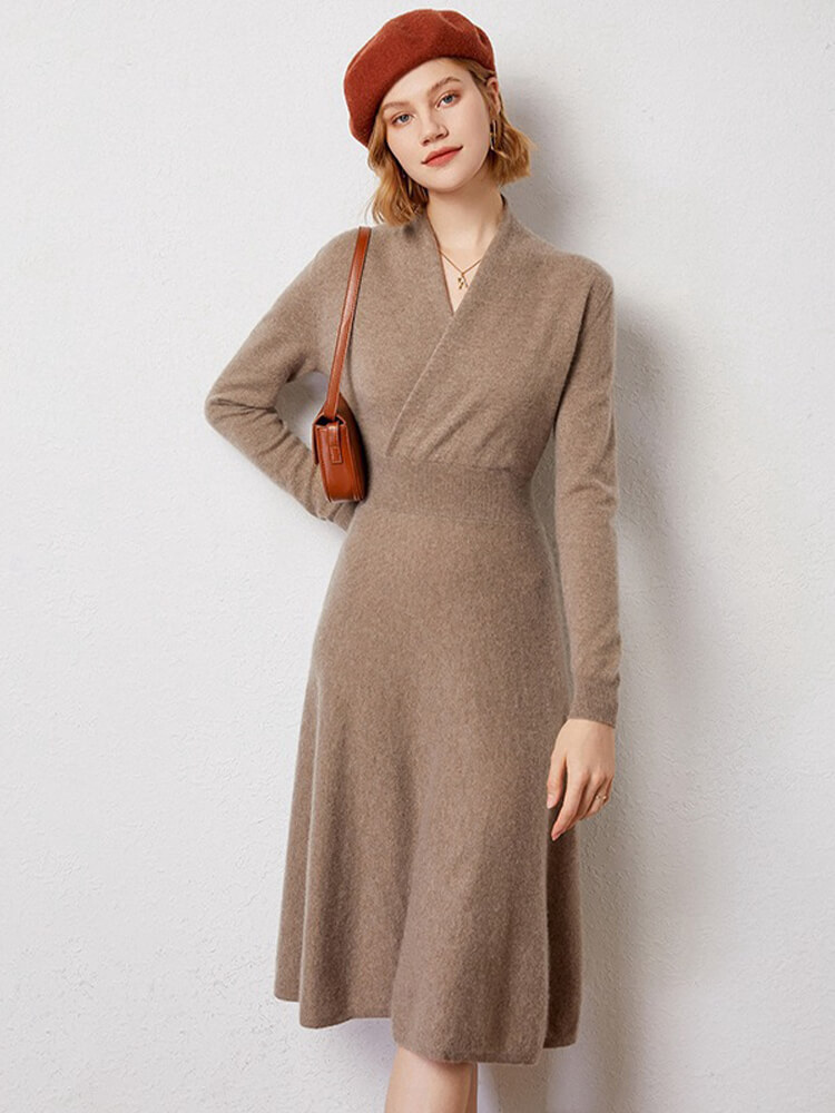 Elegant Long Sleeve V-Neck Midi Cashmere Wrap Dress