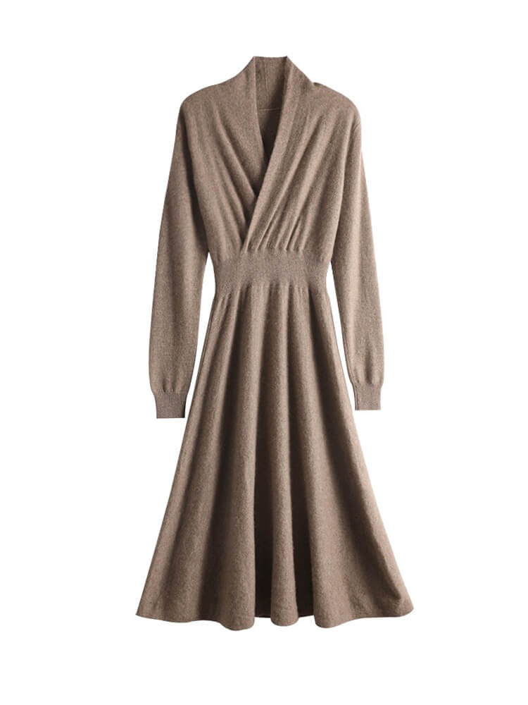 Elegant Long Sleeve V-Neck Midi Cashmere Wrap Dress