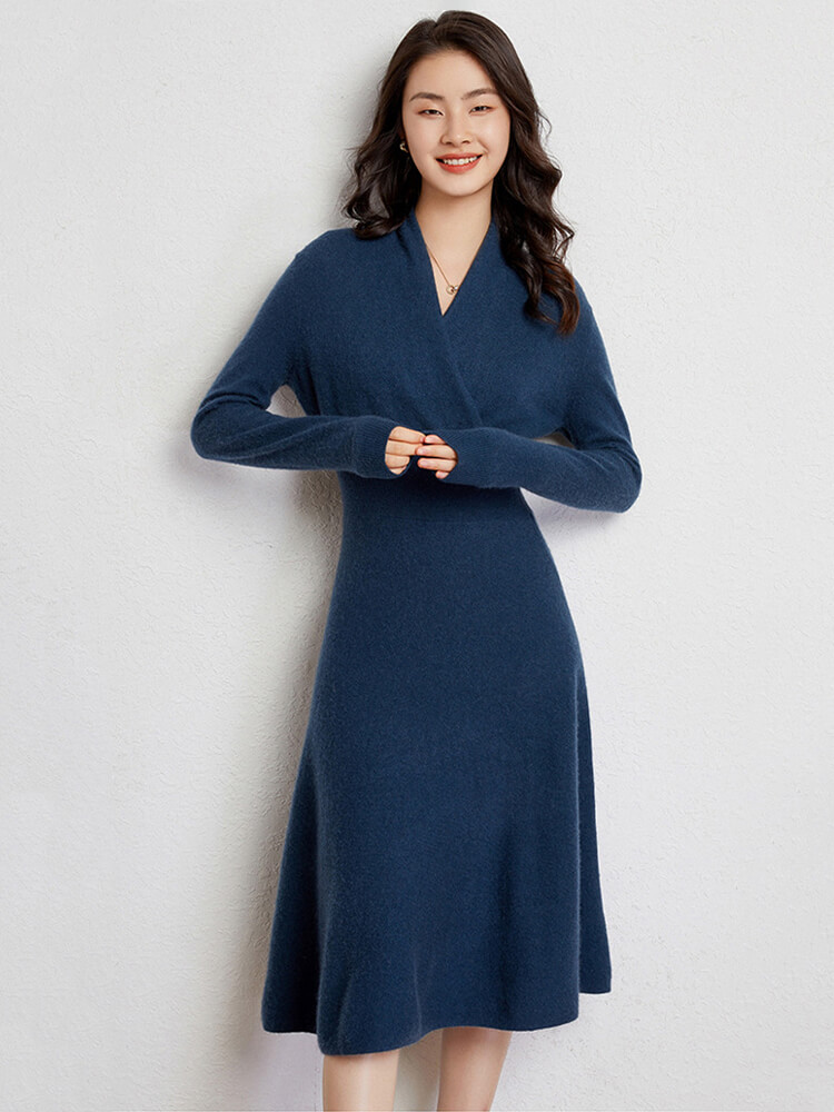 Elegant Long Sleeve V-Neck Midi Cashmere Wrap Dress