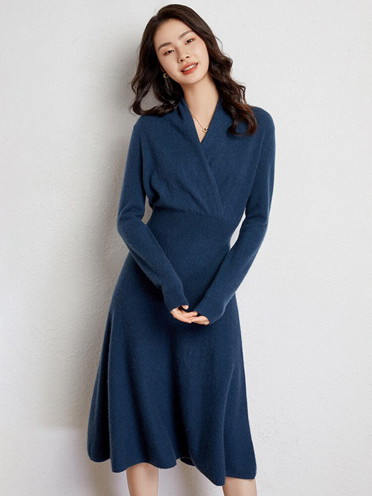 Elegant Long Sleeve V-Neck Midi Cashmere Wrap Dress