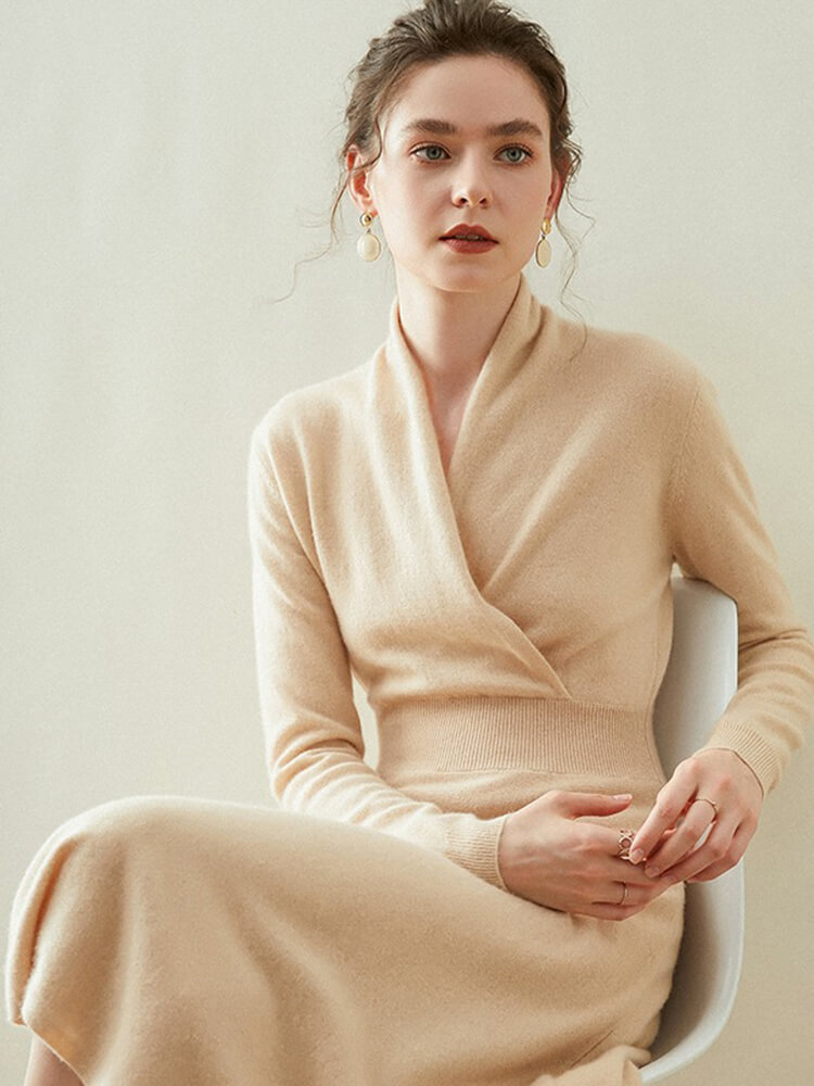 Elegant V-Neck Long Sleeve Cashmere Wrap Dress