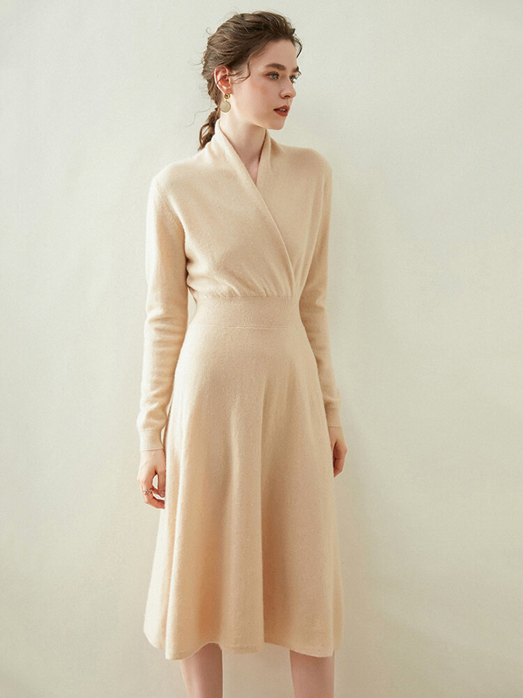 Elegant V-Neck Long Sleeve Cashmere Wrap Dress