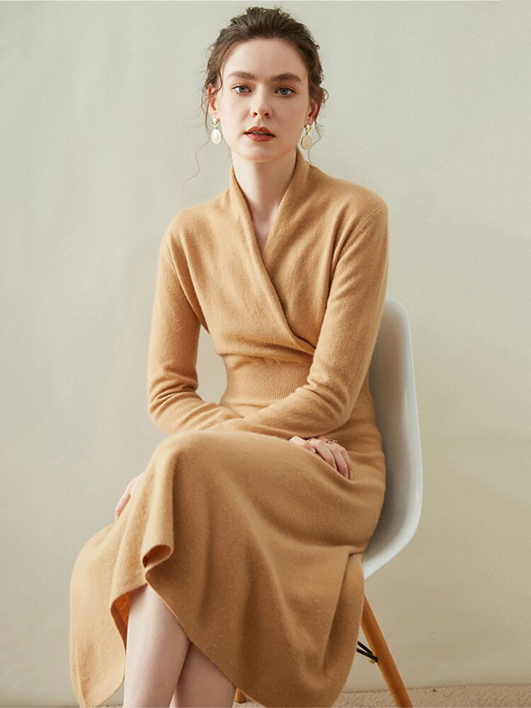 Elegant V-Neck Long Sleeve Cashmere Wrap Dress