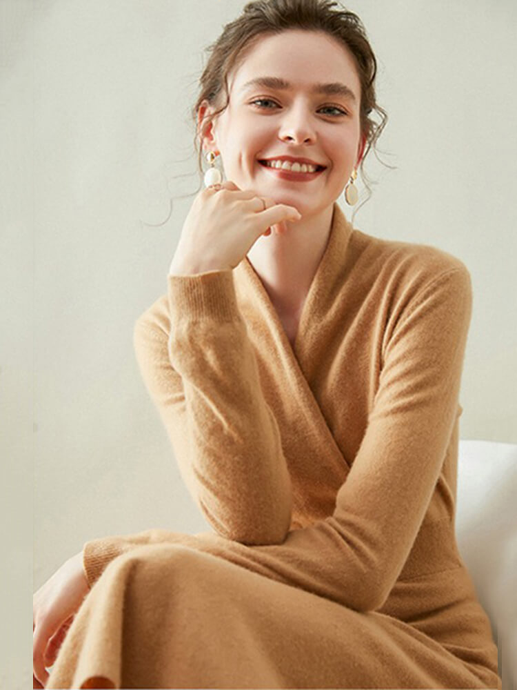 Elegant V-Neck Long Sleeve Cashmere Wrap Dress