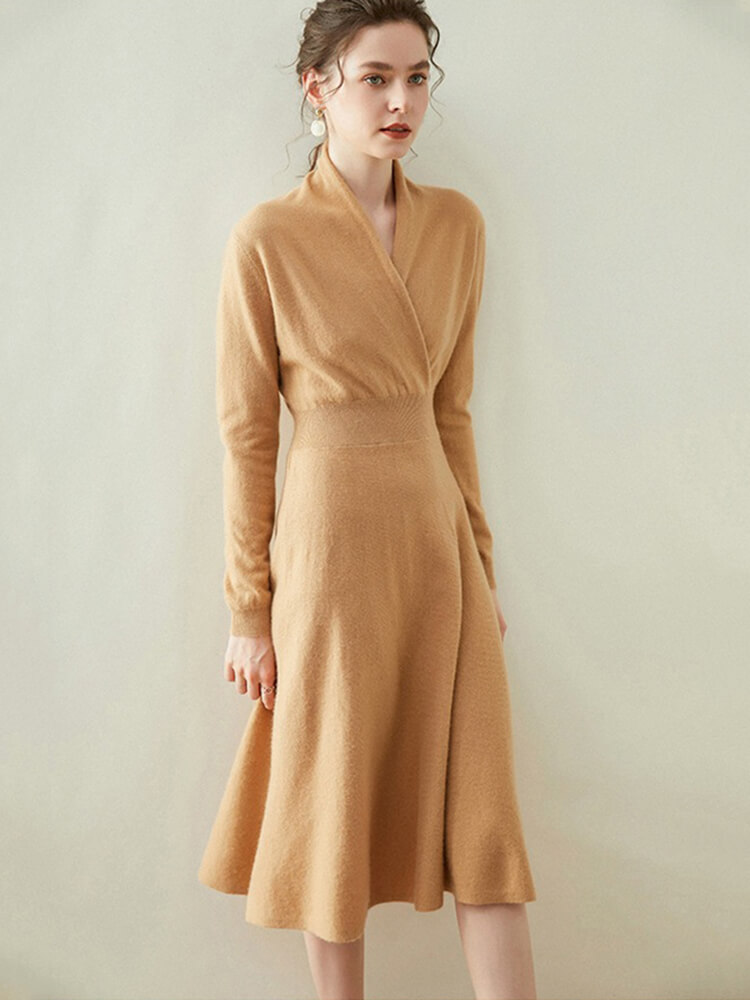 Elegant V-Neck Long Sleeve Cashmere Wrap Dress