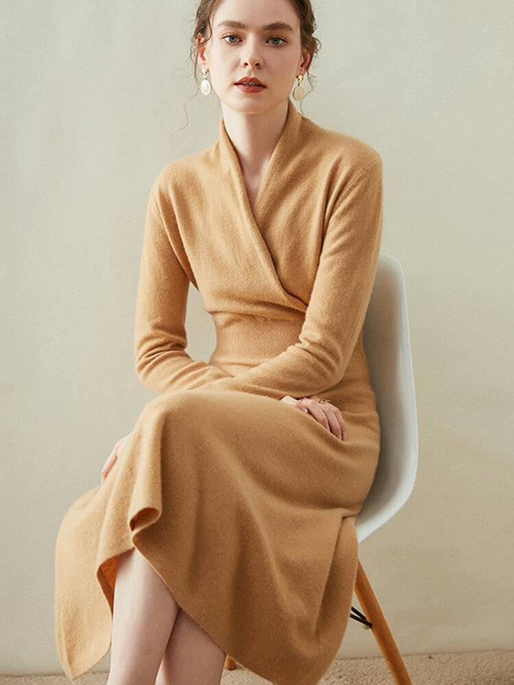 Elegant V-Neck Long Sleeve Cashmere Wrap Dress