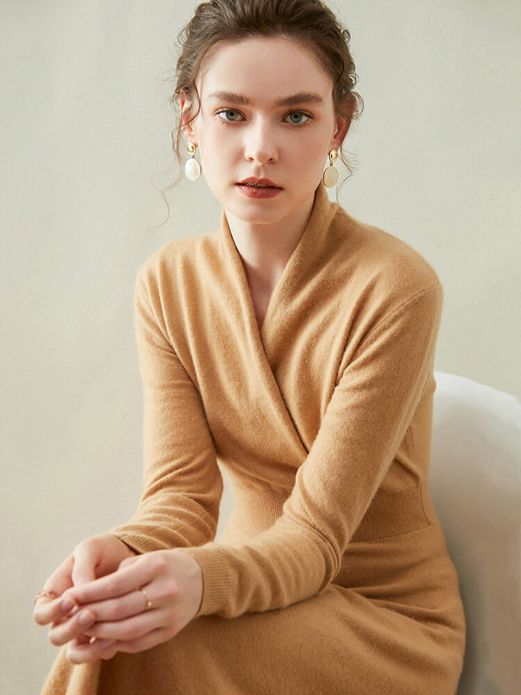 Elegant V-Neck Long Sleeve Cashmere Wrap Dress